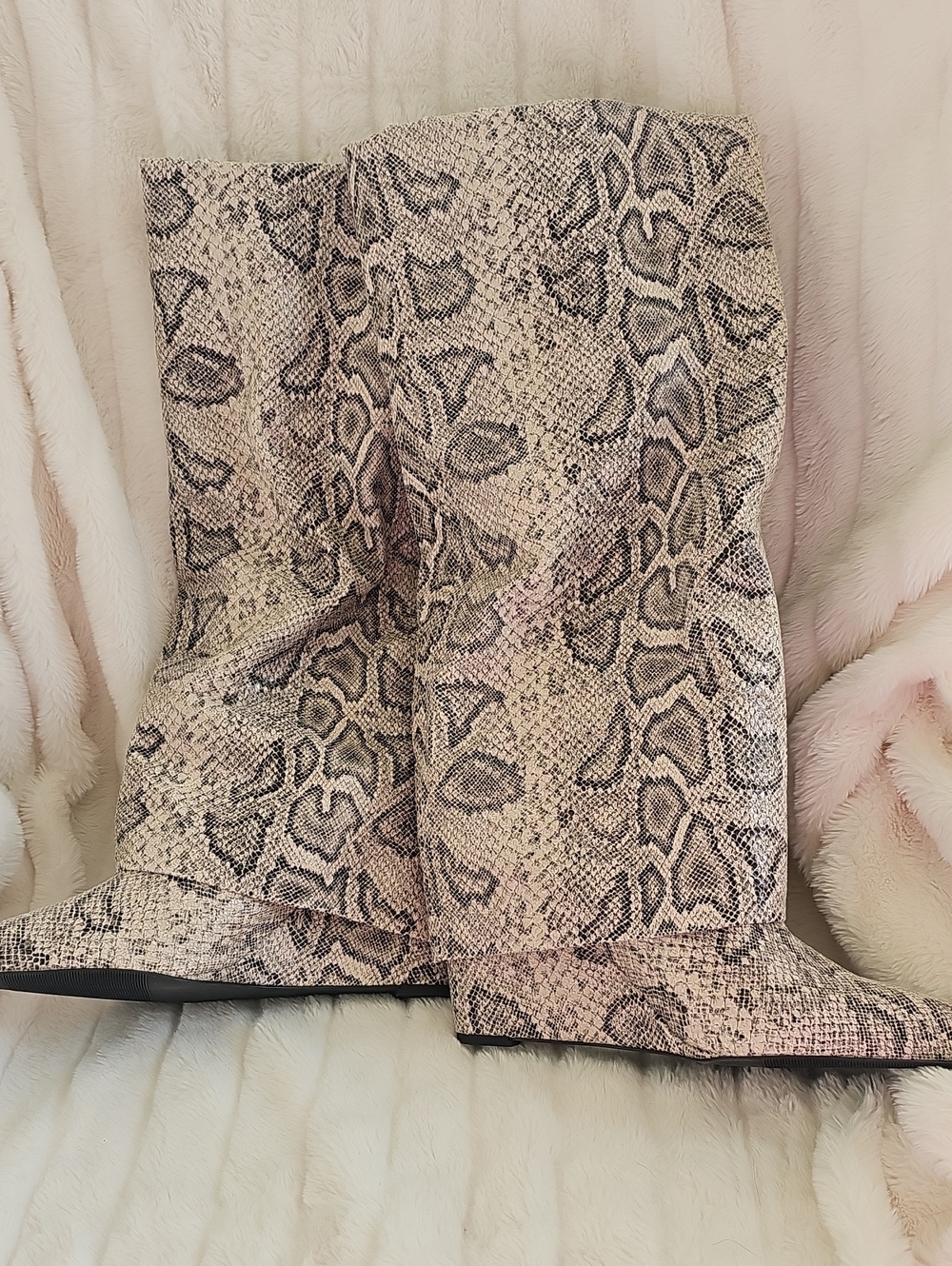 Madden Girl Snake-Print Heeled Boots in Beige and Gray